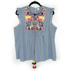 Floerns Ruffle Striped Embroidered Babydoll Blouse